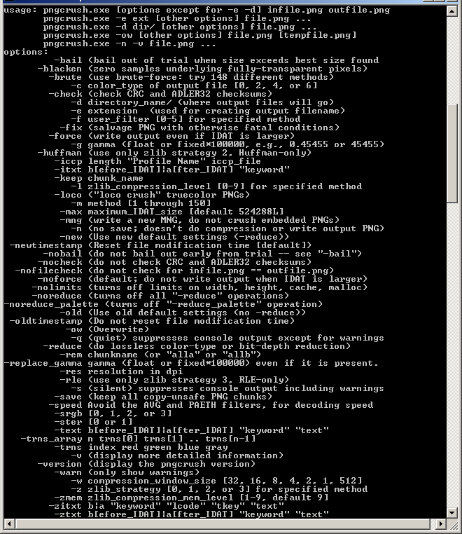 Архивный экран встроенной справки Pngcrush в консоли Windows