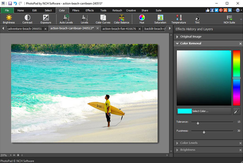 Главное окно PhotoPad с холстом, вкладками инструментов и панелью Effects History and Layers