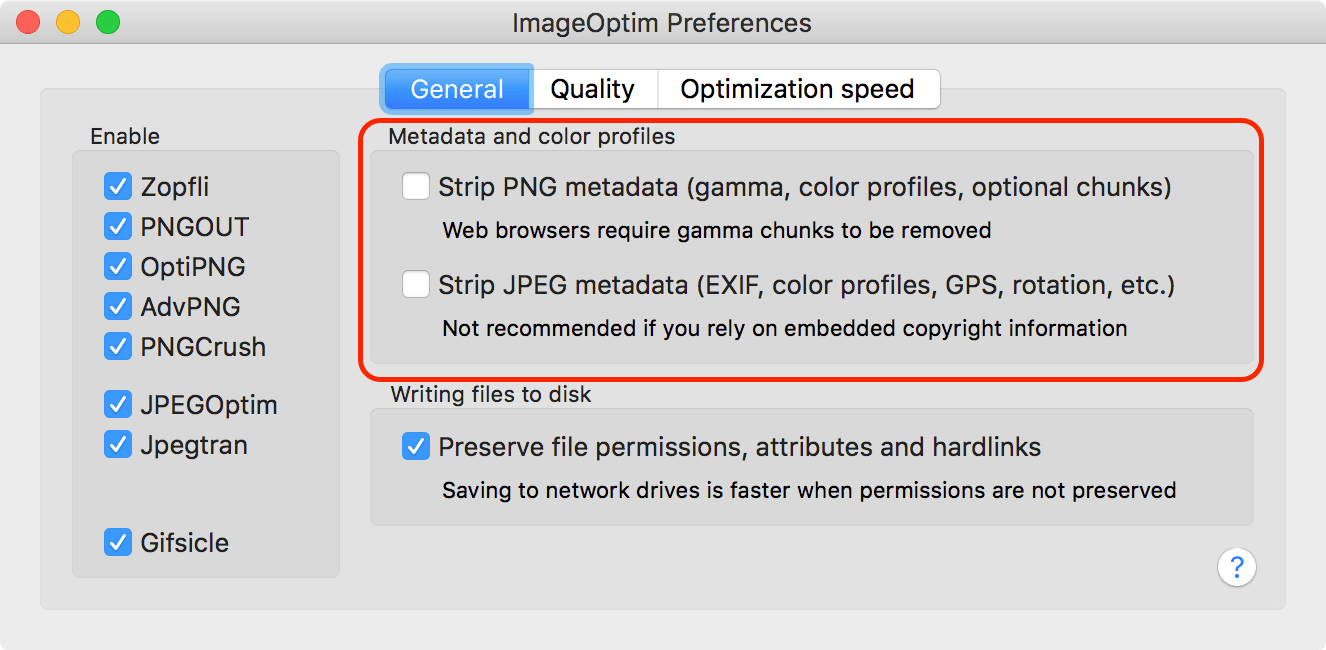Окно настроек ImageOptim с инструментами, удалением метаданных и сохранением атрибутов