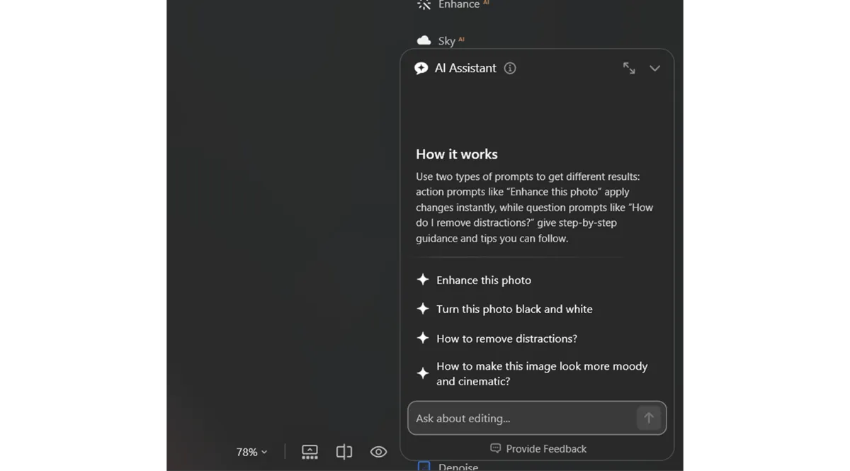 Окно AI Assistant в Luminar Neo с примерами команд для редактирования фотографии