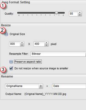 Настройки JPEG Quality, Resize, Resample Filter и Rename в PearlMountain Image Resizer