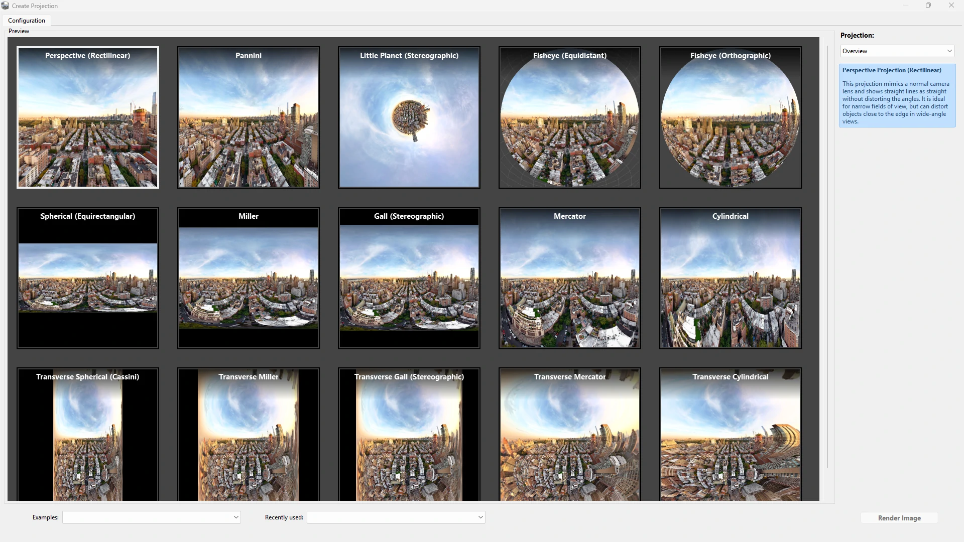 PanoramaStudio 4 Pro: окно выбора из пятнадцати проекций