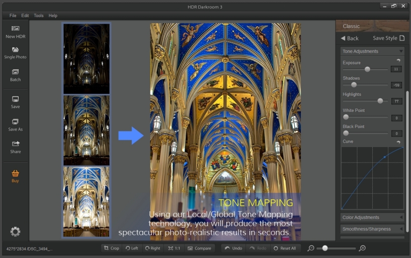 Расширенная панель HDR Darkroom 3 с экспозицией, тенями, светами, белой и чёрной точкой и кривой