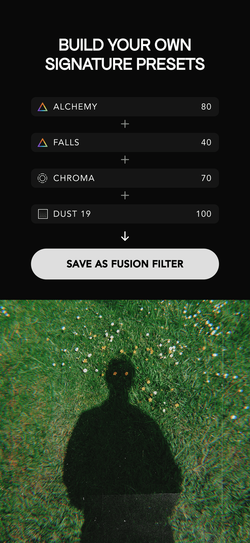 Конструктор Fusion Filter в Afterlight со списком эффектов и интенсивностей