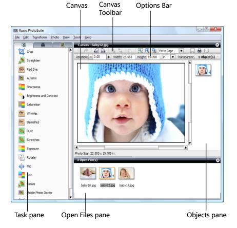 Окно Roxio PhotoSuite с холстом, панелью задач, открытыми файлами и объектами