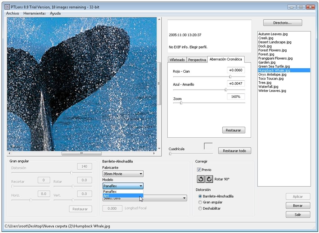 Архивный интерфейс PTLens 8.9 для Windows с предварительным просмотром и панелями коррекции объектива