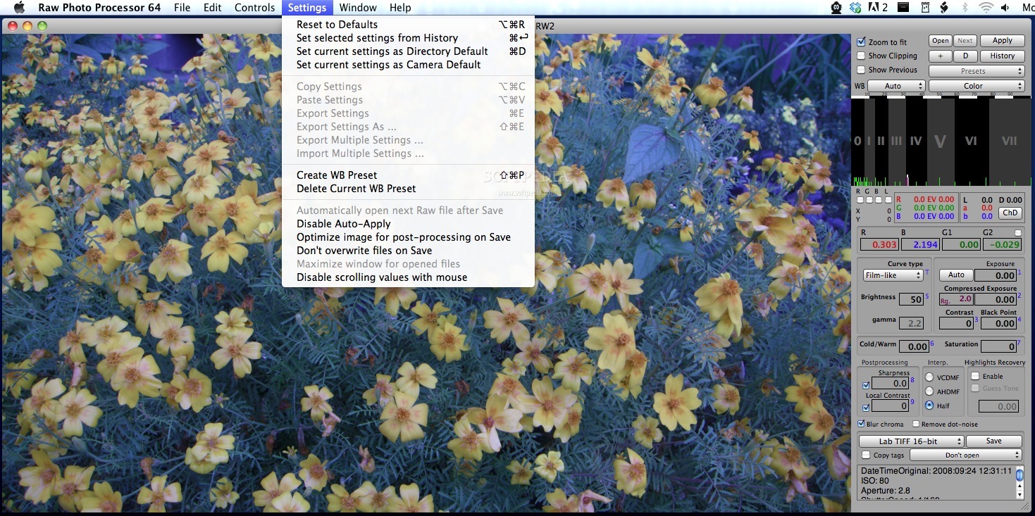 Меню Settings в RPP с History, Camera Default, импортом и экспортом настроек