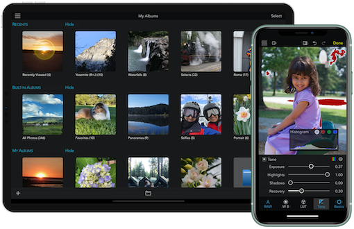 Интерфейс RAW Power на iPad и iPhone с альбомами и панелью обработки фотографии