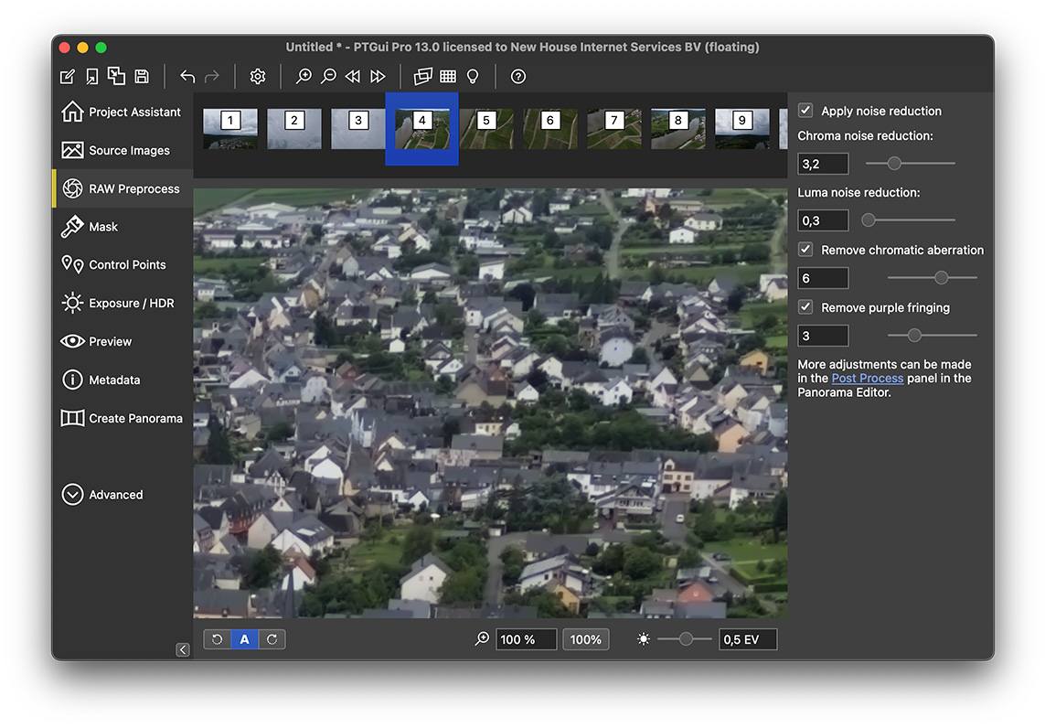 Интерфейс PTGui Pro 13 с вкладкой RAW Preprocess и боковой панелью проекта