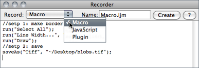 Окно Recorder в ImageJ с записанной последовательностью команд макроса