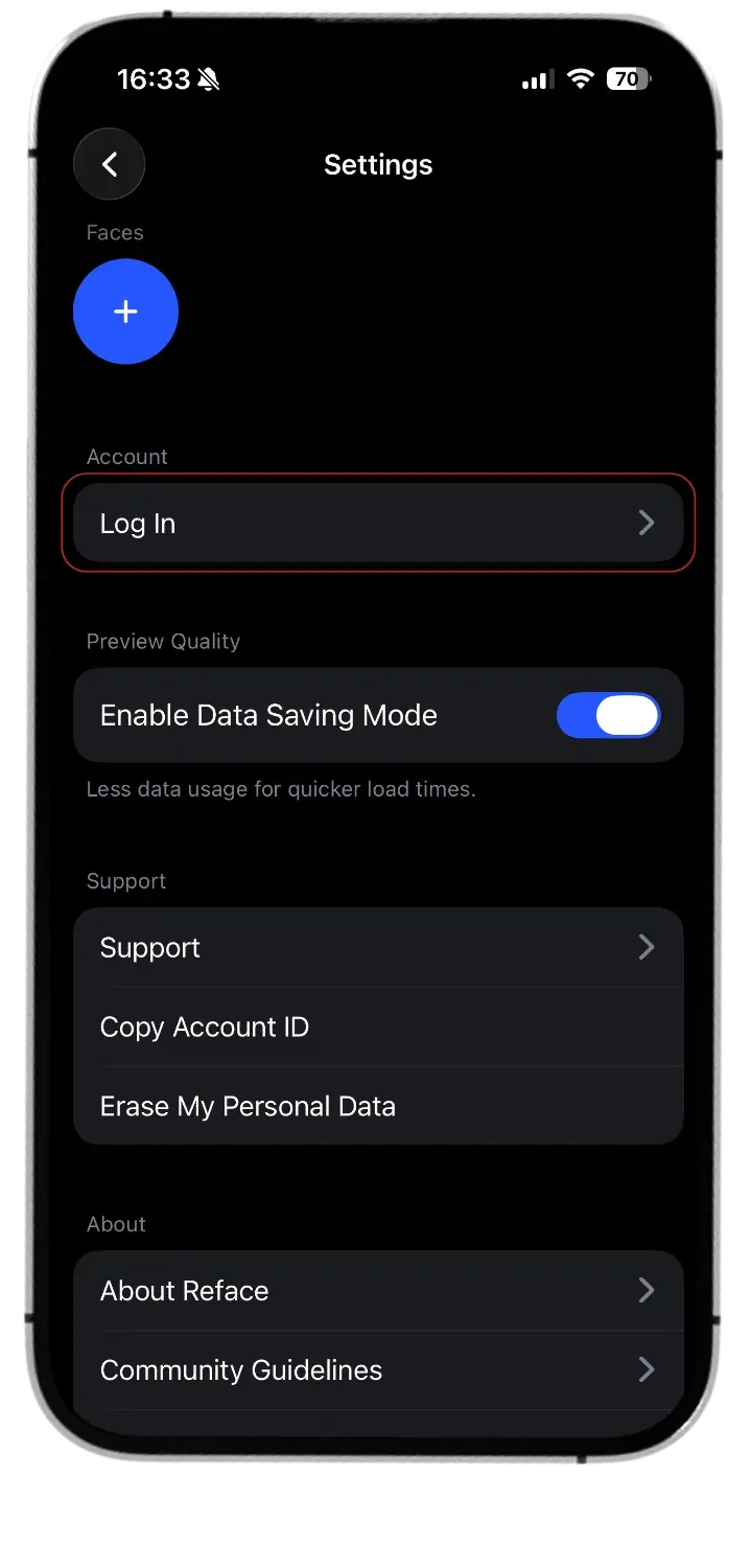 Экран Settings в Reface с пунктами Log In, Data Saving Mode, Support и Erase My Personal Data