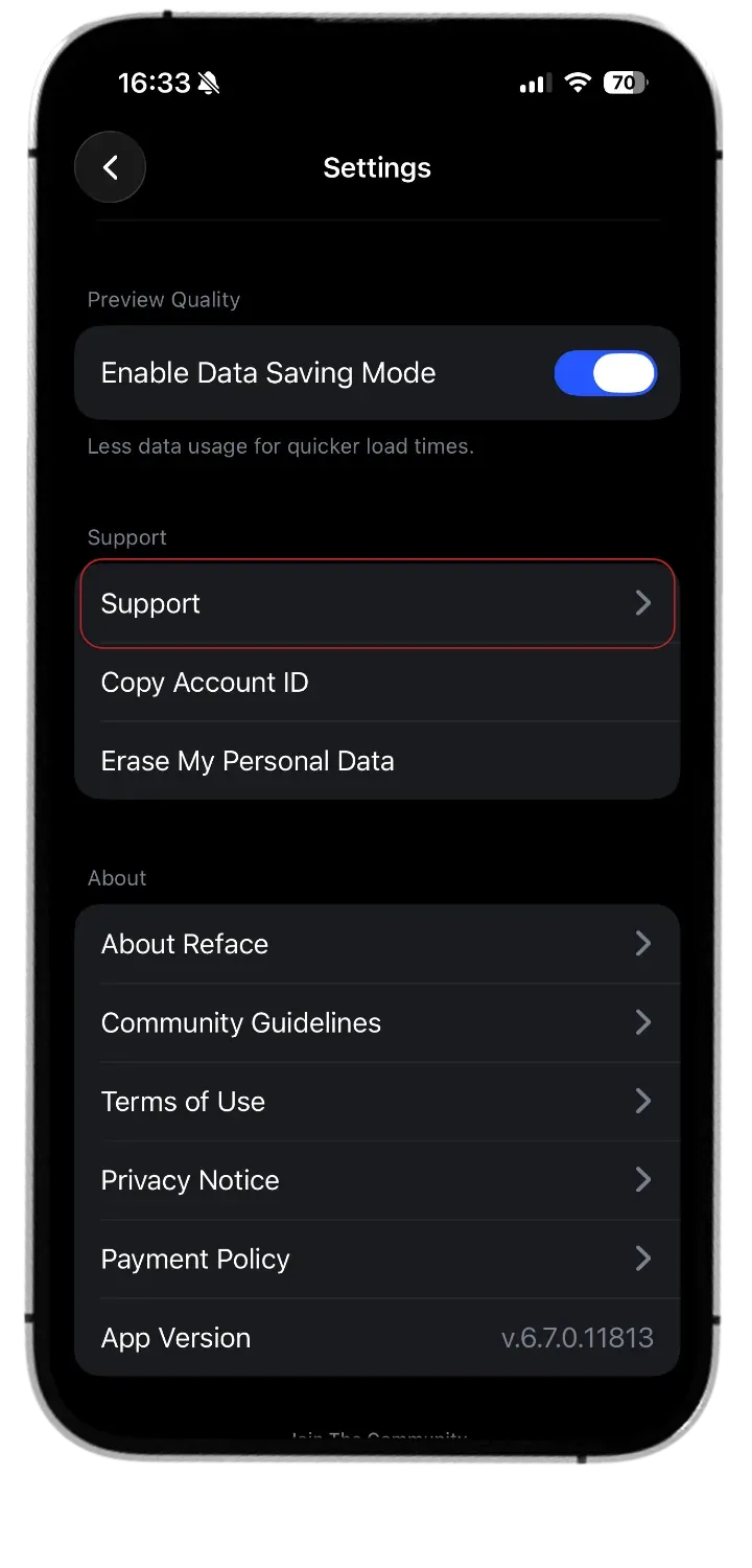 Нижняя часть Settings в Reface с Support, Erase My Personal Data, Terms of Use и Privacy Notice