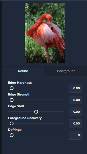 Панель Refine в Topaz Mask AI с Edge Hardness, Edge Strength, Edge Shift, Foreground Recovery и Defringe