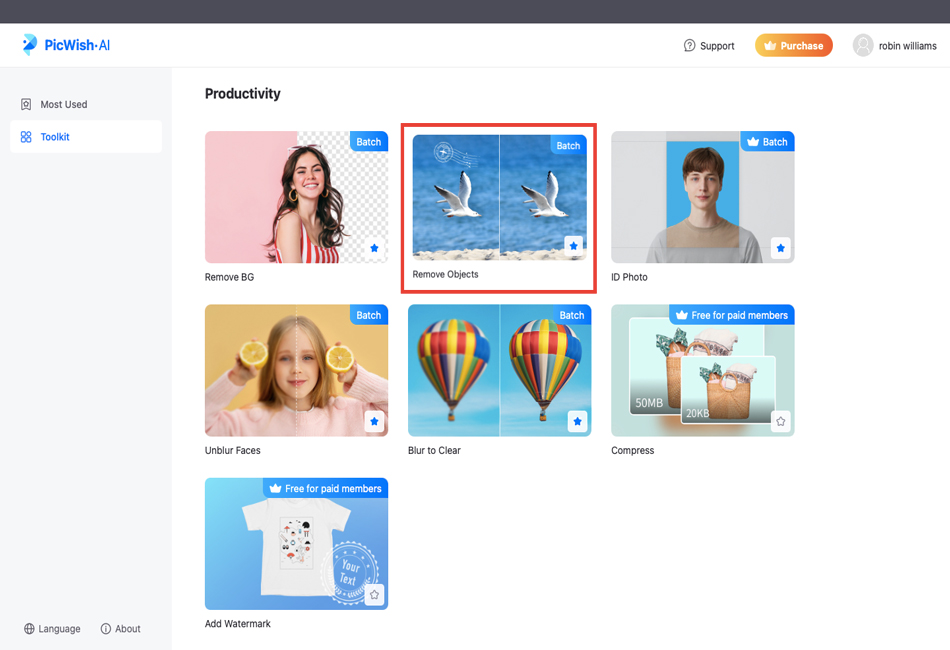 Плитка Remove Objects в наборе инструментов настольного PicWish для Mac