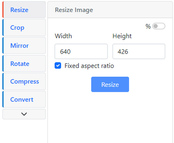 Панель ResizePixel с полями Width и Height и включённым сохранением соотношения сторон