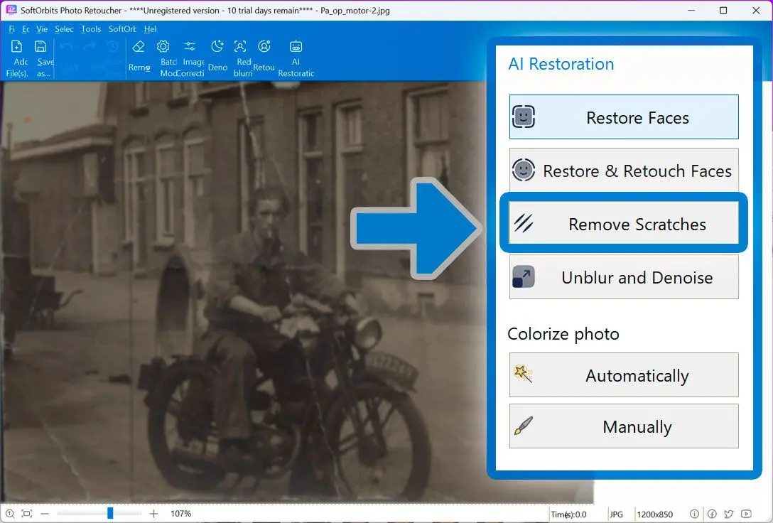 Панель AI Restoration в SoftOrbits Photo Retoucher с восстановлением лиц, удалением царапин, шумоподавлением и колоризацией