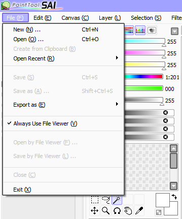 Меню File в PaintTool SAI Ver.1 с командами New, Open, Save, Save as и Export as