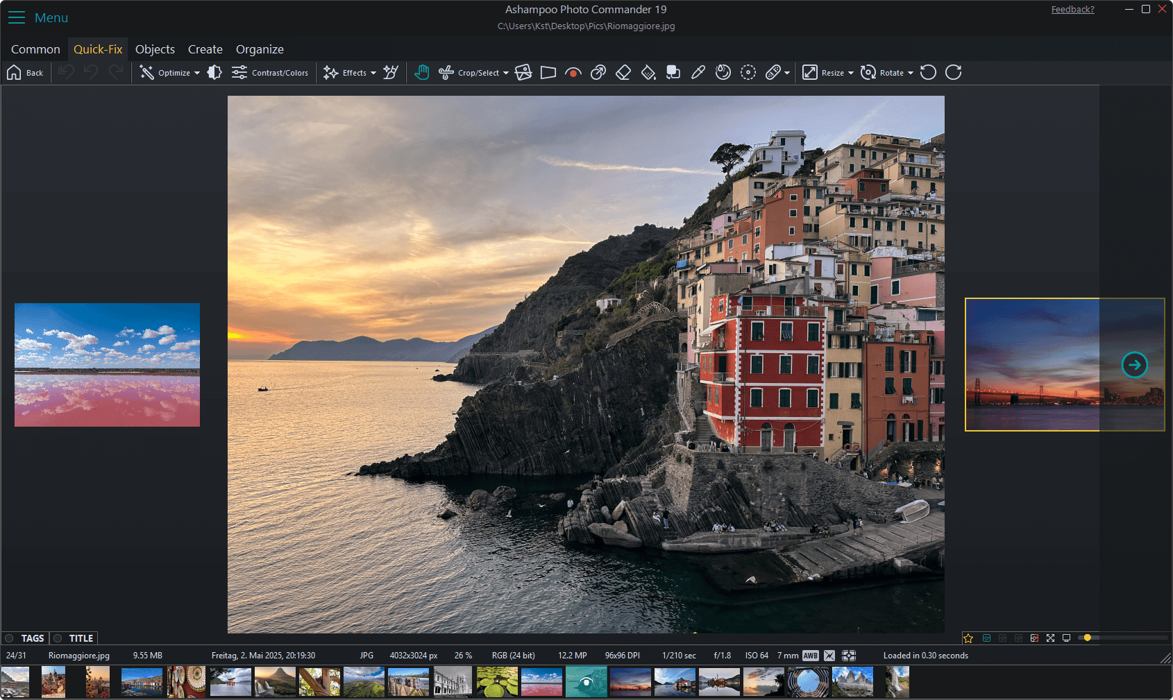 Тёмная тема редактора Ashampoo Photo Commander 19 с вкладками Common, Quick Fix, Objects, Create и Organize