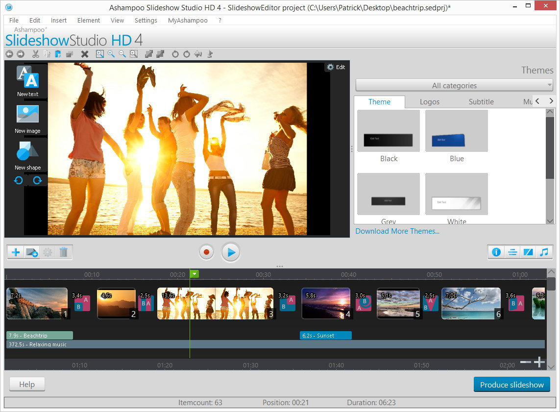 Главное окно Ashampoo Slideshow Studio HD 4 с редактором, шкалой и темами