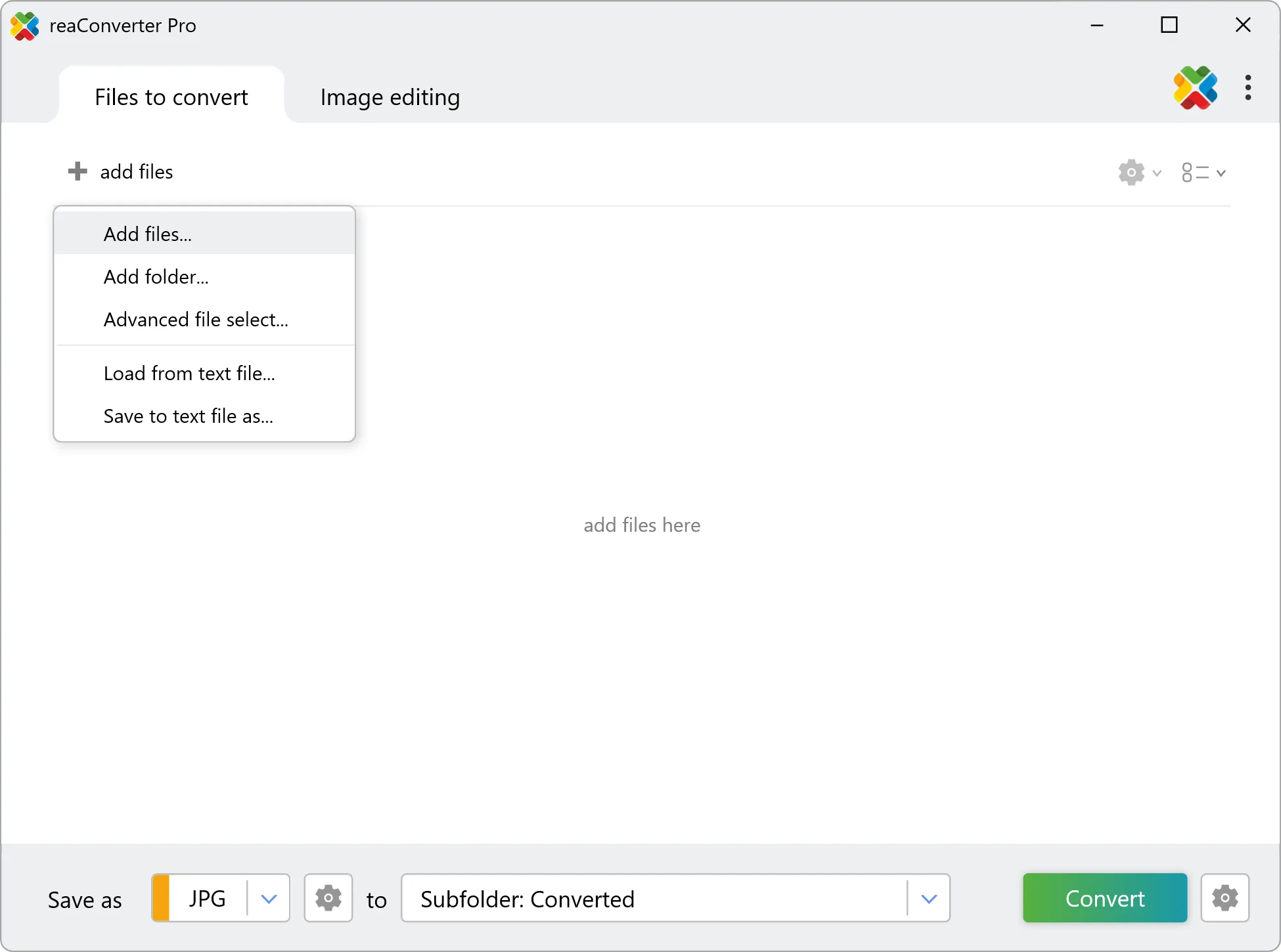 Окно reaConverter Pro со вкладкой Files to convert и меню добавления файлов