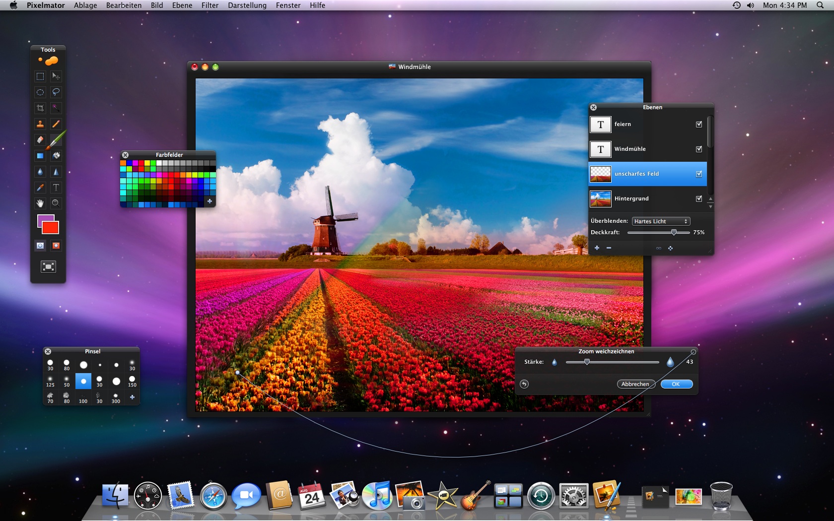 Pixelmator Classic с плавающими панелями Tools, Brushes, Swatches и Layers
