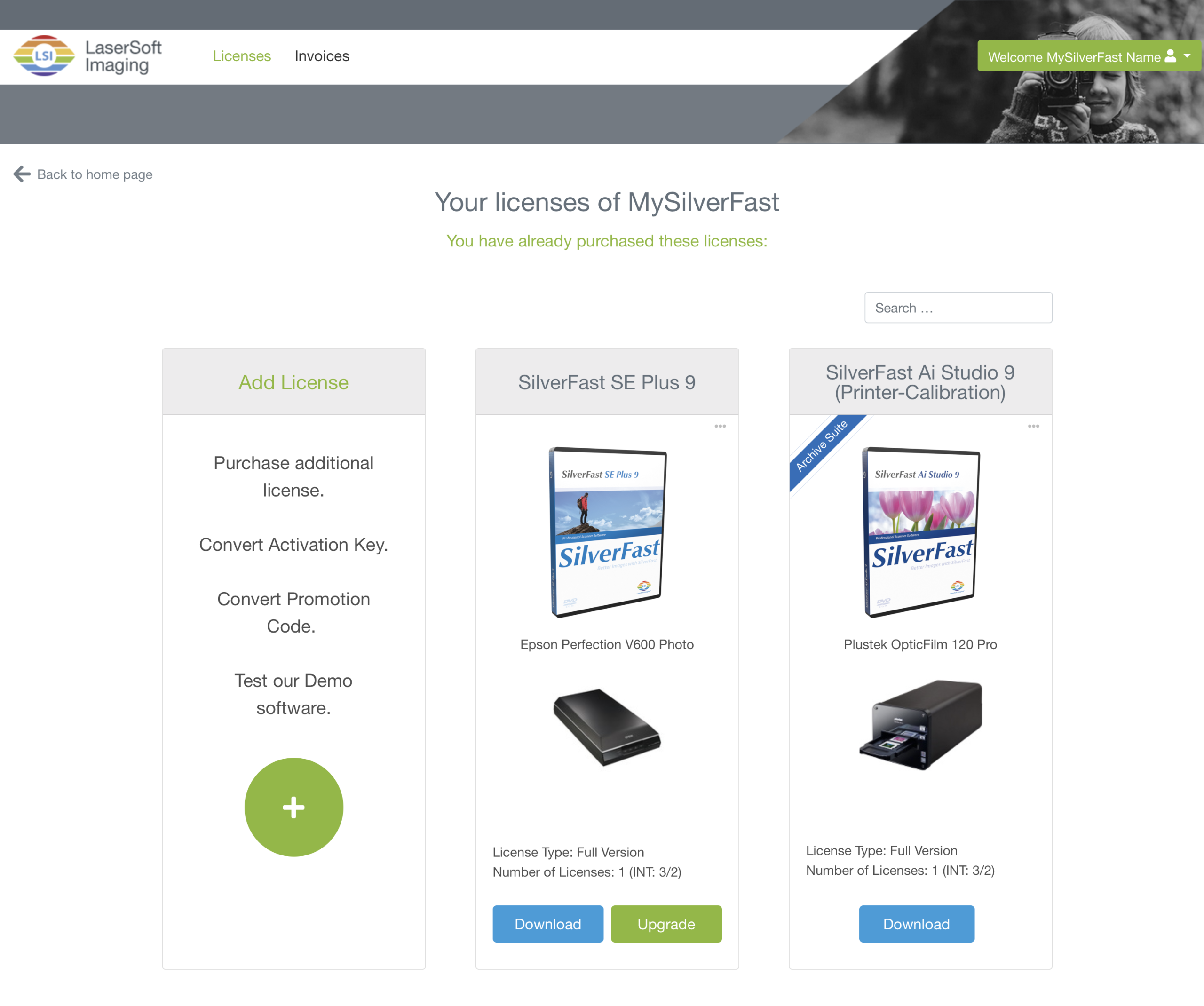 Раздел лицензий MySilverFast с лицензиями SilverFast SE Plus 9 и Ai Studio 9