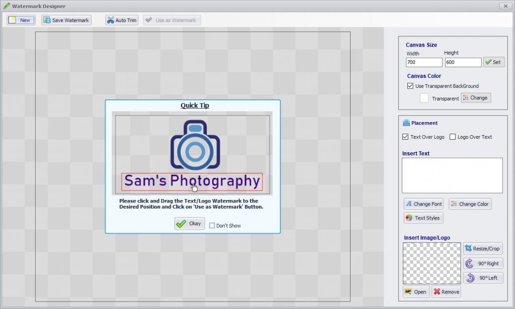 Окно Watermark Designer в Mass Watermark для создания знака из текста и логотипа