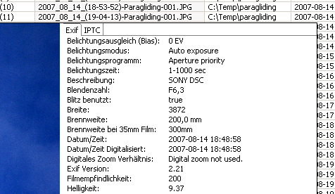 Окно просмотра EXIF-метаданных фотографии в AmoK Exif Sorter