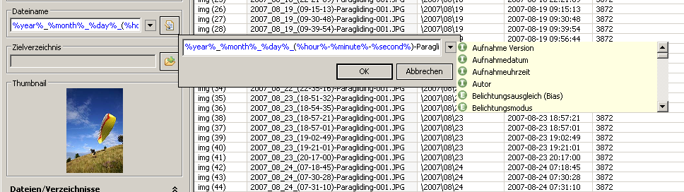 Поле шаблона и выбор тегов метаданных в AmoK Exif Sorter