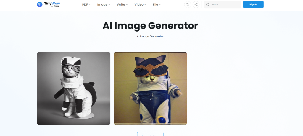 Интерфейс TinyWow AI Image Generator с полем описания и областью генерации
