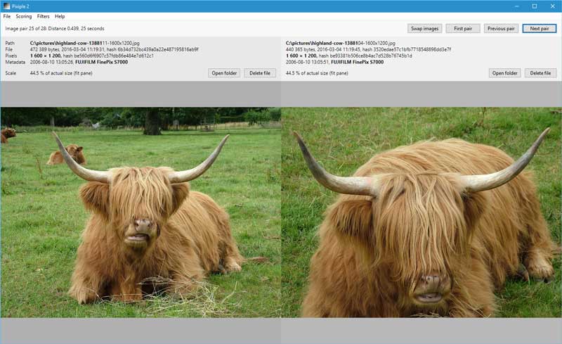 Официальный скриншот Pixiple с двумя сравниваемыми фотографиями и панелью данных