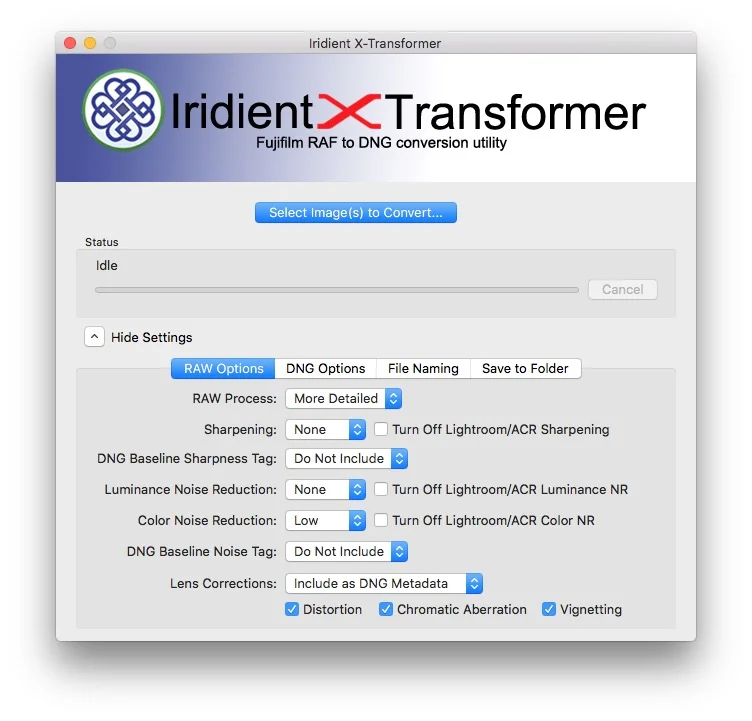 Панель RAW Options в Iridient X-Transformer на macOS