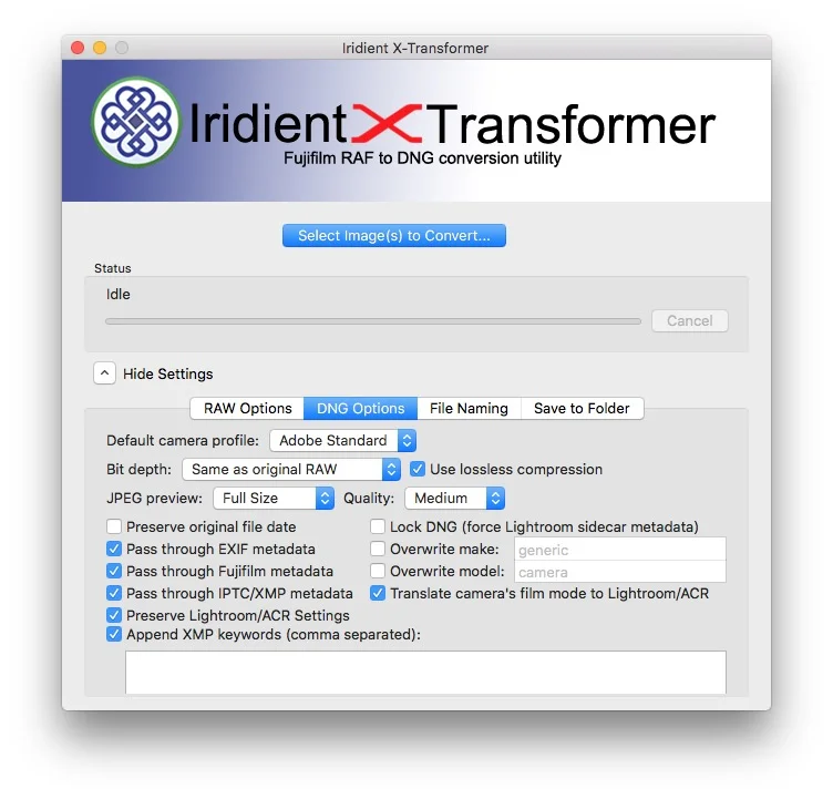 Панель DNG Options в Iridient X-Transformer на macOS