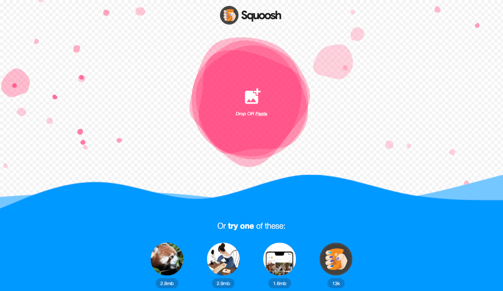 Стартовый экран Squoosh с областью Drop OR Paste и демонстрационными изображениями