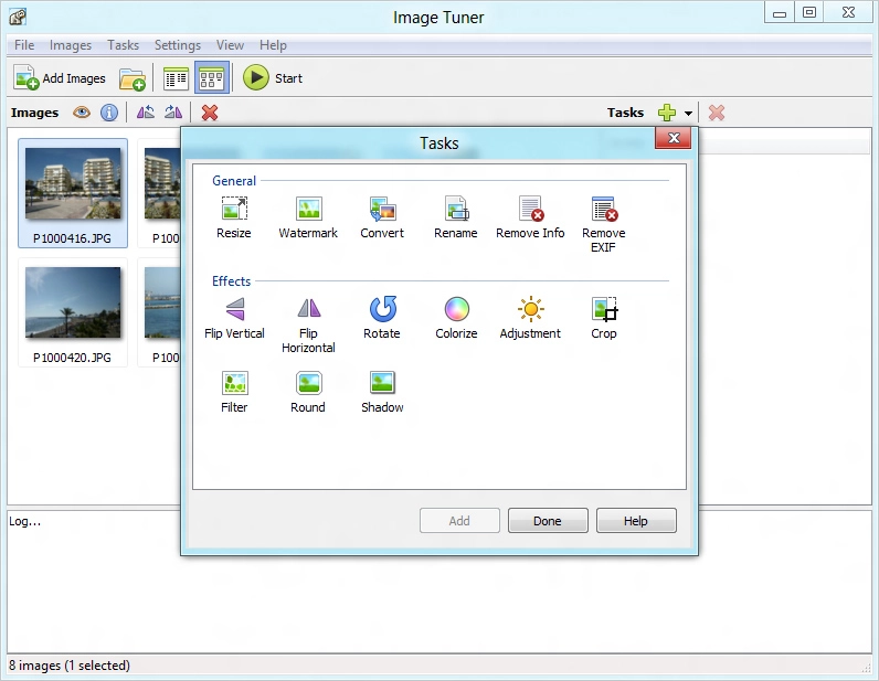 Архивный интерфейс Image Tuner с окном выбора пакетных задач