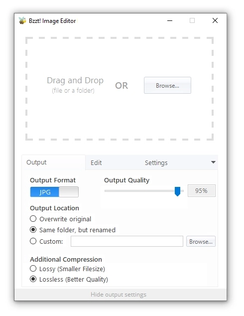 Раскрытая вкладка Output в Bzzt Image Editor с форматом JPG, качеством, местом сохранения и сжатием