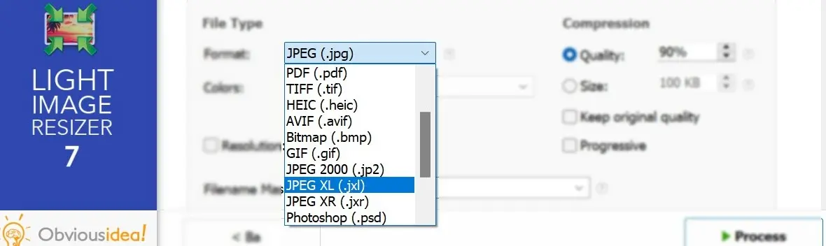 Список выходных форматов Light Image Resizer с JPEG, PNG, WebP, PDF, TIFF, HEIC, AVIF и другими форматами