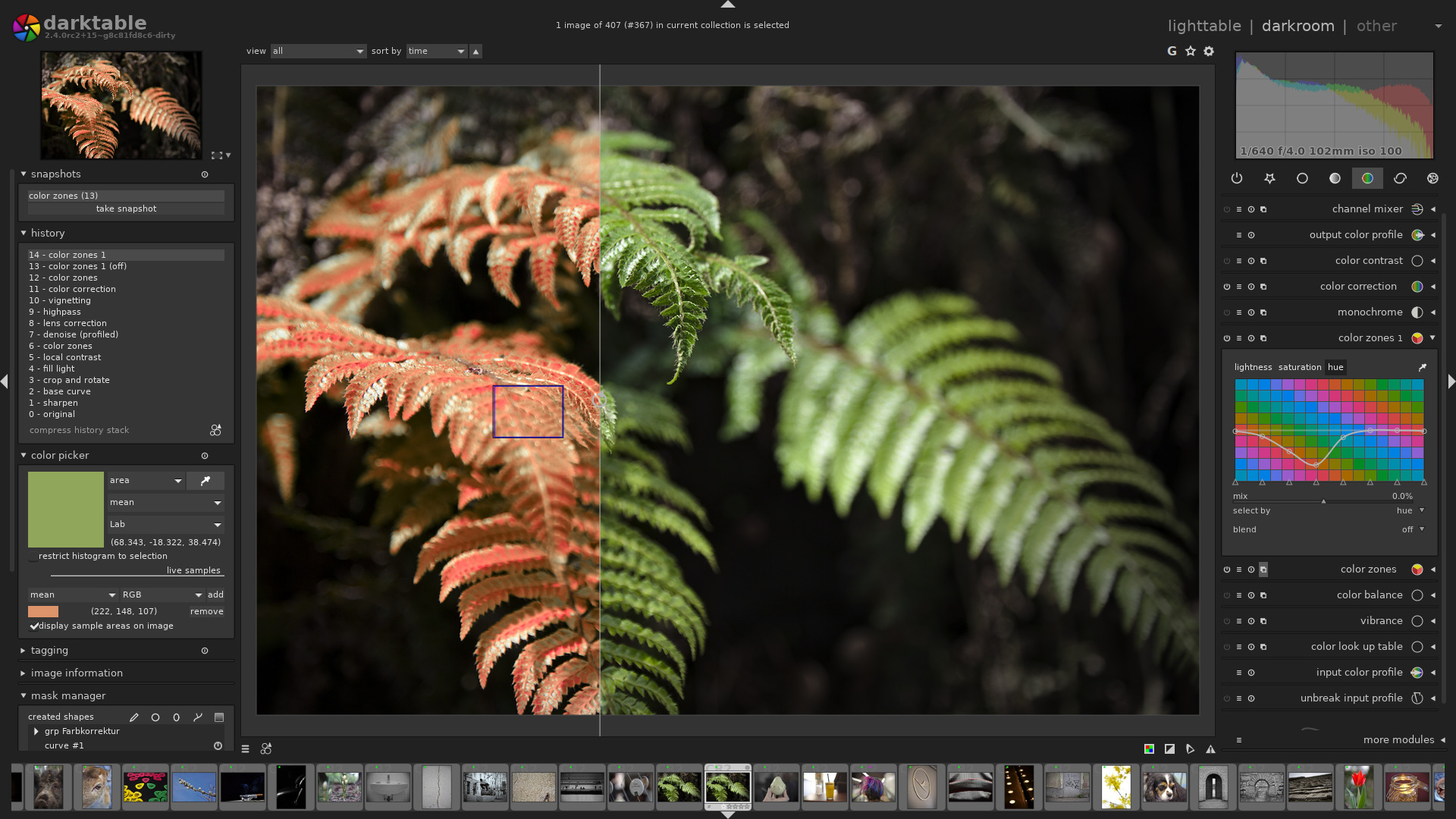 Тёмная комната Darktable с фотографией и модулями обработки