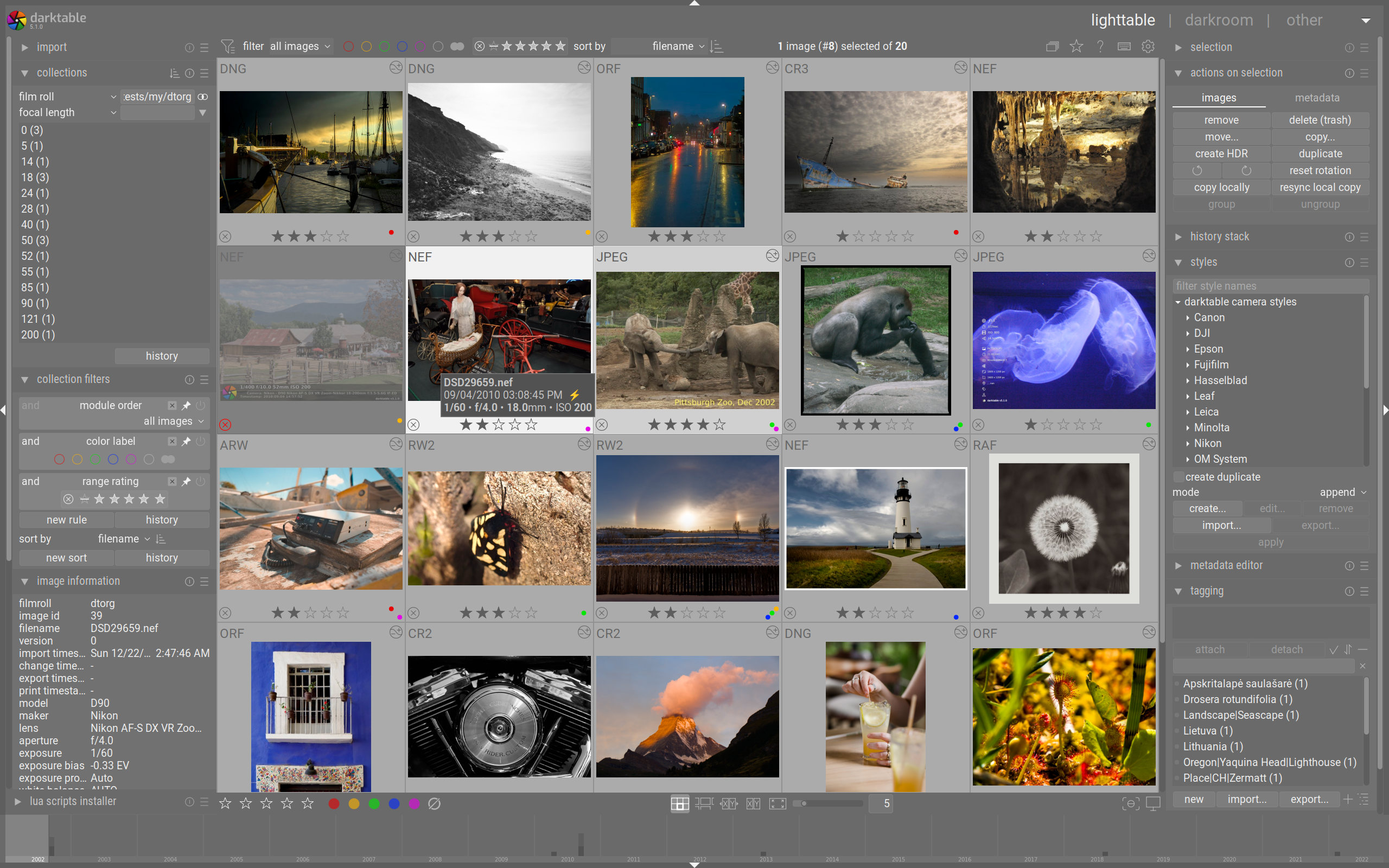 Световой стол Darktable с сеткой миниатюр и боковыми панелями