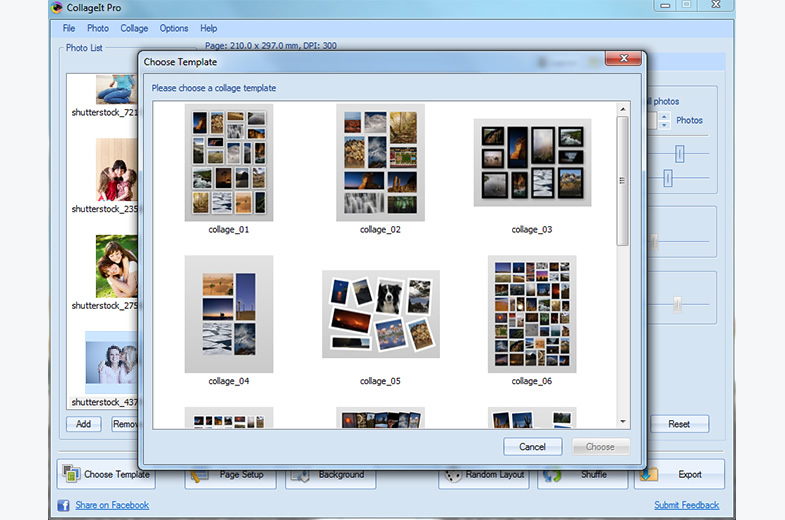 Окно выбора шаблона в CollageIt для Windows