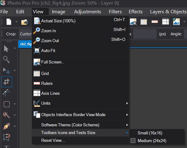 Меню View с настройкой размера значков и текста в Photo Pos Pro