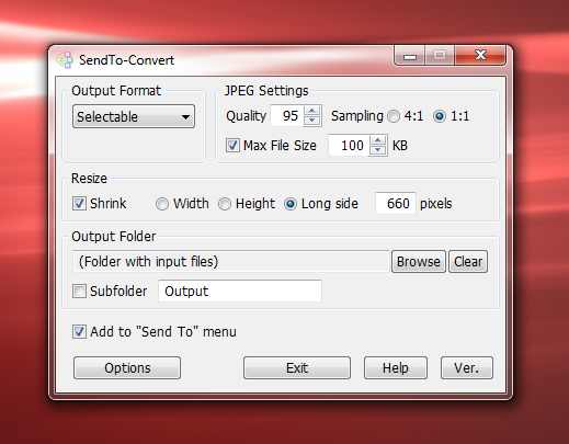 Окно SendTo-Convert с выбранным уменьшением по длинной стороне и настройками JPEG
