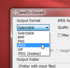 Список Output Format в SendTo-Convert с BMP PNG JPEG GIF и JPEG lossless