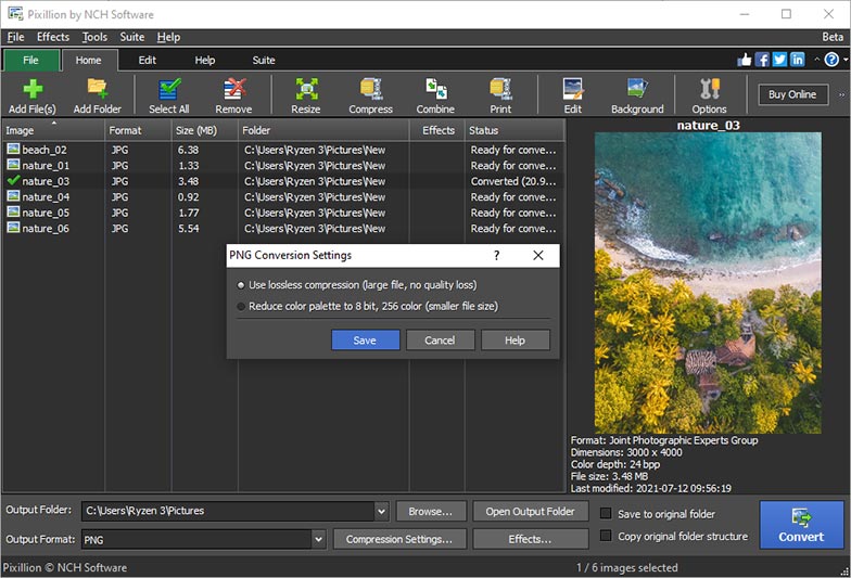 Окно параметров кодирования PNG в Pixillion Image Converter
