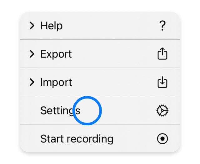 Меню Help, Export, Import, Settings и Start recording в Tayasui Sketches