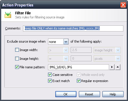 Окно Action Properties для Filter File в SunlitGreen BatchBlitz