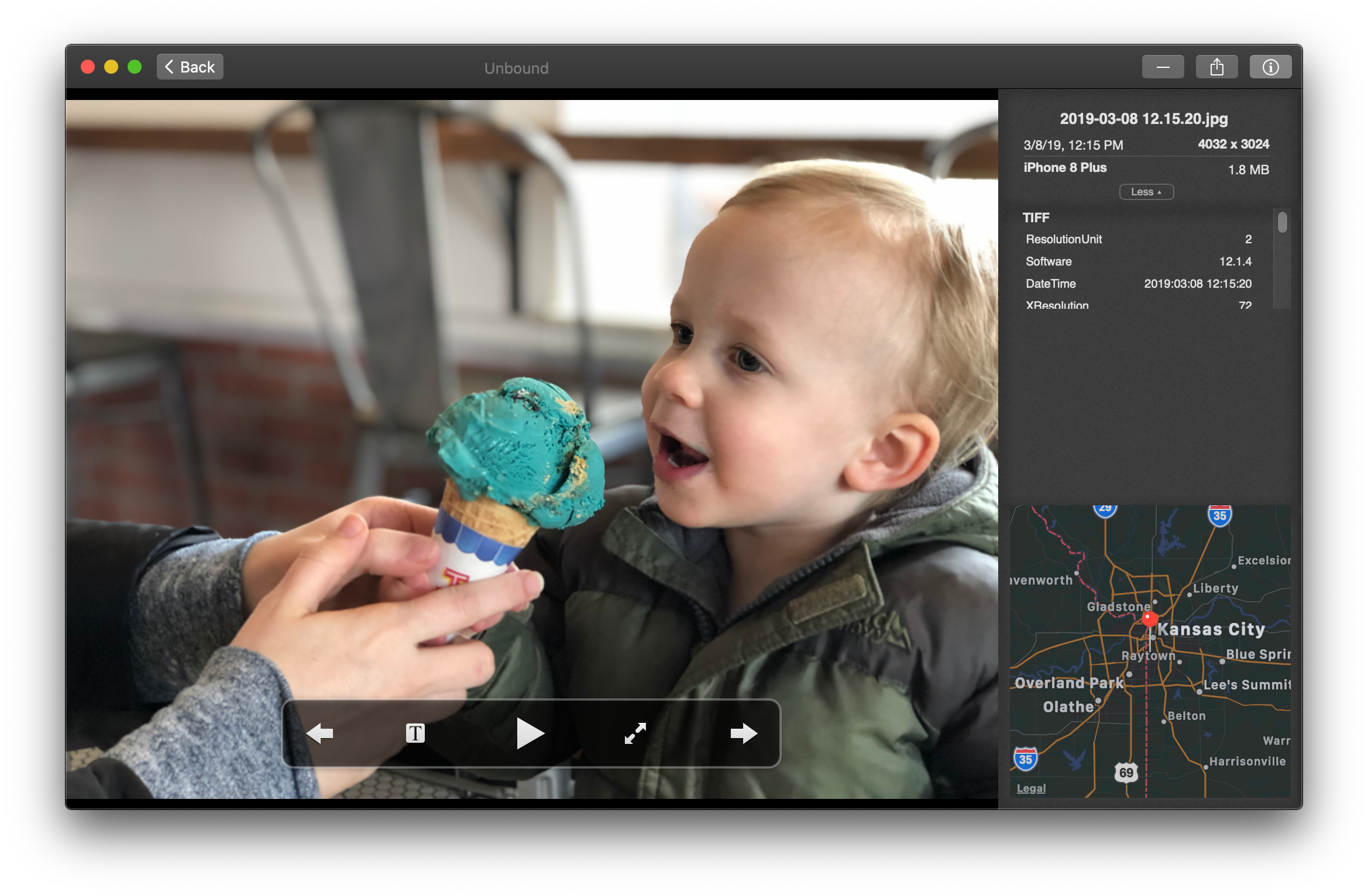 Unbound for Mac: просмотр фотографии с Info-панелью и картой