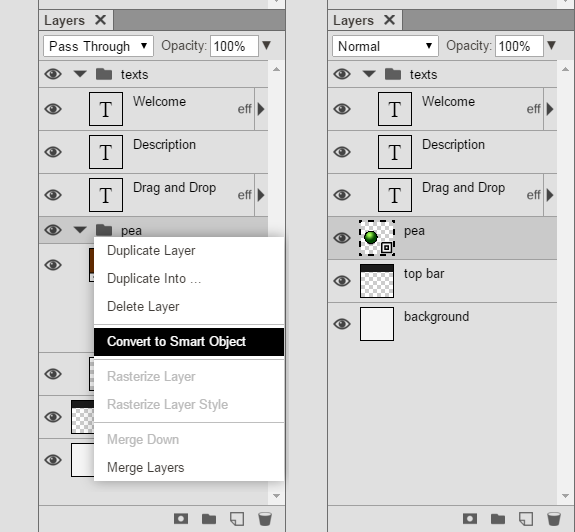 Панель Layers в Photopea и команда преобразования слоя в Smart Object