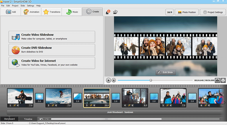 Раздел Create в SmartSHOW 3D с вариантами создания видео, DVD и интернет-ролика