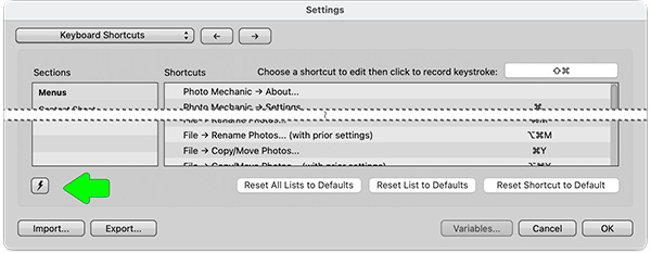 Настройка сочетаний клавиш и Snapshot в Photo Mechanic